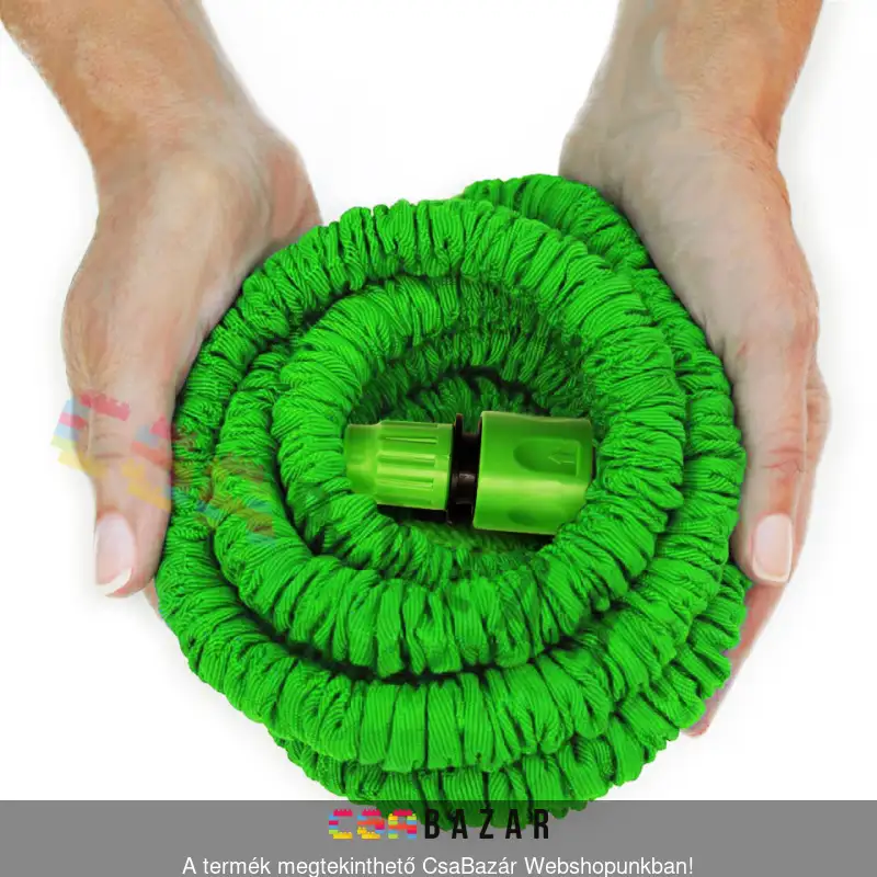 flexibilis locsolótömlő, zsugorodós tömlő, 15 m tömlő, 1/2”, 3/4”, gyors csatlakozó, slag, locsolócső, locsoló cső, xhose