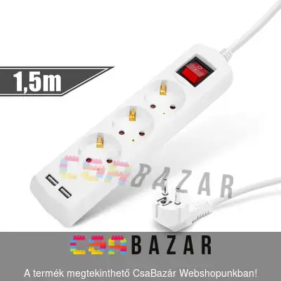 Hálózati elosztó 3 aljzattal + 2 USB-vel, kapcsolóval 1,5m - Csabazár ...
