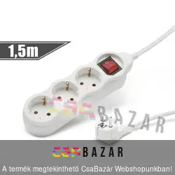 Hálózati elosztó 3 aljzattal, kapcsolóval 1,5m