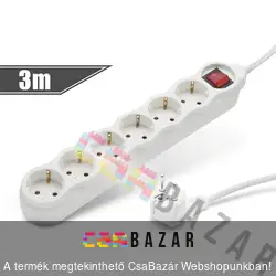 Hálózati elosztó 6 aljzattal, kapcsolóval 3m