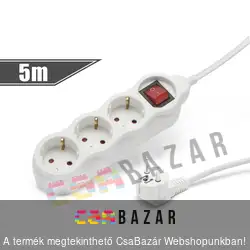 Hálózati elosztó 3 aljzattal, kapcsolóval 5m