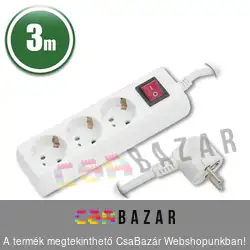 Hálózati elosztó 3 aljzattal, kapcsolóval 3m