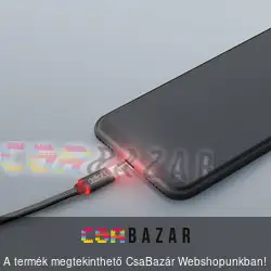 USB LED töltőkábel - iPhone lightning fekete szövet adatkábel 1 m