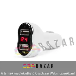 Autós szivargyújtó adapter 2 x USB, feszültségmérővel és árammérővel fehér