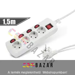 Hálózati elosztó 4 aljzattal, kapcsolókkal, túláram védelemmel 1,5m