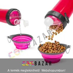Összenyomható kutyatál itató kulaccsal - rózsaszín