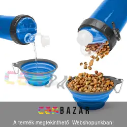 Összenyomható kutyatál itató kulaccsal - kék