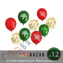 Lufi szett - piros, zöld, arany karácsonyi motívumokkal - 12 db / csomag